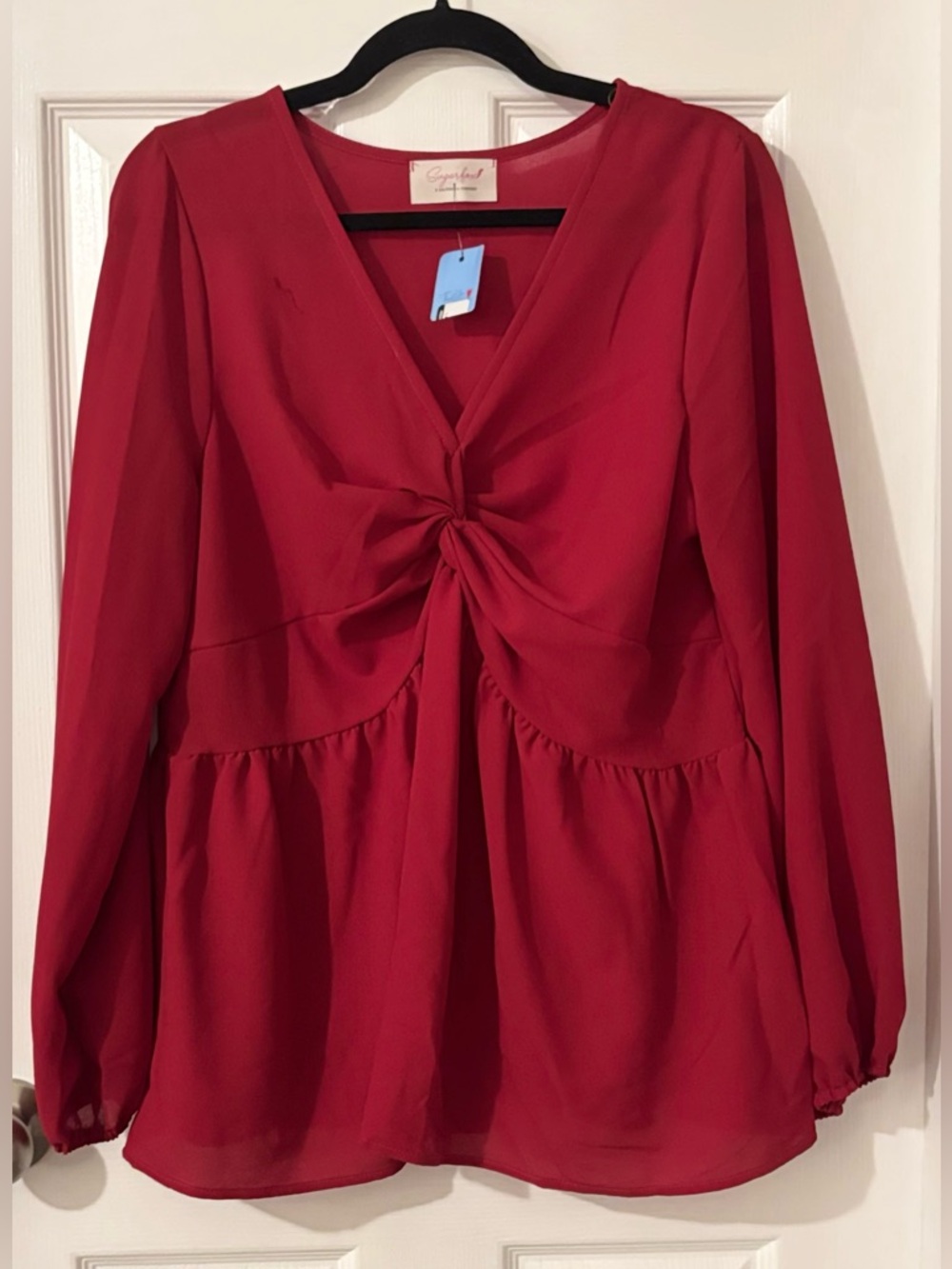 NWT Sugarfox Twist-Front V-Neck Red Blouse